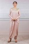 Buy_Tarun Tahiliani_Pink Dhoti Lycra Jersery Embroidery Round Crinkle Foil Top And Draped Set _at_Aza_Fashions