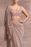 Buy_Tarun Tahiliani_Pink Saree Foil Crinkle Blouse Net Embroidery V Neck Draped With _Online_at_Aza_Fashions