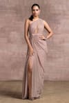 Buy_Tarun Tahiliani_Pink Foil Crinkle Embroidery Asymmetric One Shoulder Draped Gown _at_Aza_Fashions