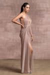 Tarun Tahiliani_Pink Foil Crinkle Embroidery Asymmetric One Shoulder Draped Gown _Online_at_Aza_Fashions