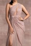 Buy_Tarun Tahiliani_Pink Foil Crinkle Embroidery Asymmetric One Shoulder Draped Gown _Online_at_Aza_Fashions