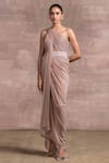 Buy_Tarun Tahiliani_Pink Foil Crinkle Embroidery Asymmetric One Shoulder Draped Dress _at_Aza_Fashions