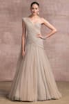 Buy_Tarun Tahiliani_Grey Foil Crinkle Embroidery Asymmetric One Shoulder Draped Gown _at_Aza_Fashions