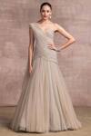 Buy_Tarun Tahiliani_Grey Foil Crinkle One Shoulder Draped Gown_at_Aza_Fashions