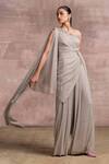 Tarun Tahiliani_Grey Foil Crinkle Embroidery Asymmetric One Shoulder Draped Jumpsuit _Online_at_Aza_Fashions