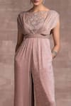 Buy_Tarun Tahiliani_Pink Foil Crinkle Embellished Round Shimmer Draped Jumpsuit _Online_at_Aza_Fashions