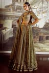 Buy_Tarun Tahiliani_Gold Lehenga Satin Organza Printed Floral V Neck Bridal Set _at_Aza_Fashions