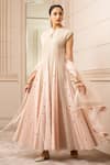 Buy_Tarun Tahiliani_Peach Anarkali Georgette Godet Embroidered Mukaish Round Set _at_Aza_Fashions