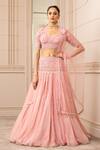 Buy_Tarun Tahiliani_Pink Silk Organza Brocade Embroidered Floral V Neck Striped Kalidar Lehenga Set _at_Aza_Fashions