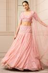Tarun Tahiliani_Pink Silk Organza Brocade Embroidered Floral V Neck Striped Kalidar Lehenga Set _Online_at_Aza_Fashions