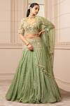 Buy_Tarun Tahiliani_Green Silk Organza Brocade Embroidered Floral V Neck Striped Kalidar Lehenga Set _at_Aza_Fashions