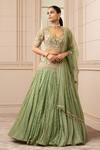 Tarun Tahiliani_Green Silk Organza Brocade Embroidered Floral V Neck Striped Kalidar Lehenga Set _Online_at_Aza_Fashions