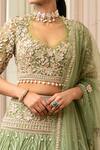 Shop_Tarun Tahiliani_Green Silk Organza Brocade Embroidered Floral V Neck Striped Kalidar Lehenga Set _Online_at_Aza_Fashions