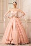 Buy_Tarun Tahiliani_Peach Silk Organza Brocade Embroidered Geometric Cape Round Draped Lehenga Set _at_Aza_Fashions