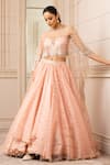 Buy_Tarun Tahiliani_Peach Silk Organza Brocade Embroidered Geometric Cape Round Draped Lehenga Set _Online_at_Aza_Fashions