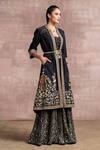 Tarun Tahiliani_Black Viscose Slub Printed Jacket And Sharara Set_Online_at_Aza_Fashions