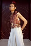 Buy_Tarun Tahiliani_Red Jacket Jumpsuit Katan Silk Print And Embroidery Ikat V Neck With _at_Aza_Fashions