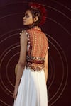 Shop_Tarun Tahiliani_Red Jacket Jumpsuit Katan Silk Print And Embroidery Ikat V Neck With _at_Aza_Fashions