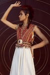 Tarun Tahiliani_Red Jacket Jumpsuit Katan Silk Print And Embroidery Ikat V Neck With _Online_at_Aza_Fashions