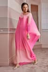 Tarun Tahiliani_Pink Platinum Chiffon Slip Viscose Jersey Embroidery V Neck Kaftan _Online_at_Aza_Fashions