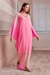 Buy_Tarun Tahiliani_Pink Platinum Chiffon Slip Viscose Jersey Embroidery V Neck Kaftan _at_Aza_Fashions