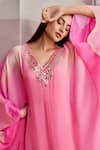 Buy_Tarun Tahiliani_Pink Platinum Chiffon Slip Viscose Jersey Embroidery V Neck Kaftan _Online_at_Aza_Fashions