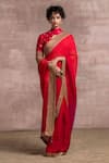 Buy_Tarun Tahiliani_Red Saree Chiffon Embroidery High Neck With Blouse _at_Aza_Fashions