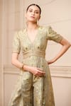 Shop_Tarun Tahiliani_Grey Brocade Woven Floral Pattern V Neck Jumpsuit For Women_at_Aza_Fashions