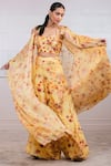 Buy_Tarun Tahiliani_Yellow Sheer Silk One Shoulder Printed Cape And Palazzo Set _at_Aza_Fashions