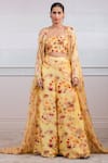 Tarun Tahiliani_Yellow Sheer Silk One Shoulder Printed Cape And Palazzo Set _Online_at_Aza_Fashions