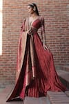 Buy_Tarun Tahiliani_Maroon Chanderi V Neck Crushed Anarkali Set _at_Aza_Fashions