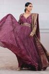 Buy_Tarun Tahiliani_Purple Striped Zari Chanderi V Neck Crushed Anarkali With Dupatta _at_Aza_Fashions