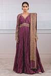 Tarun Tahiliani_Purple Striped Zari Chanderi V Neck Crushed Anarkali With Dupatta _Online_at_Aza_Fashions