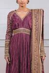 Shop_Tarun Tahiliani_Purple Striped Zari Chanderi V Neck Crushed Anarkali With Dupatta _Online_at_Aza_Fashions