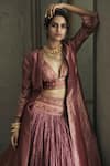 Tarun Tahiliani_Pink Chanderi V Neck Brocade Jacket And Skirt Set _Online_at_Aza_Fashions