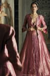 Buy_Tarun Tahiliani_Pink Chanderi V Neck Brocade Jacket And Skirt Set _Online_at_Aza_Fashions