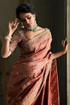 Shop_Tarun Tahiliani_Red Brocade V Neck Kundan Saree With Blouse _at_Aza_Fashions