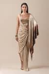 Buy_Tarun Tahiliani_Red Foil Jersey Round Metallic Draped Saree Gown _at_Aza_Fashions