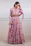 Buy_Tarun Tahiliani_Peach Kota V Neck Floral Print Anarkali With Scarf _at_Aza_Fashions