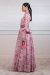 Buy_Tarun Tahiliani_Peach Kota V Neck Floral Print Anarkali With Scarf _Online_at_Aza_Fashions