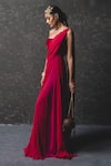 Buy_Tarun Tahiliani_Red Chiffon Embroidery Asymmetric One Shoulder Draped Saree Gown _at_Aza_Fashions