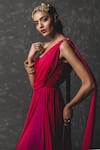 Shop_Tarun Tahiliani_Red Chiffon Embroidery Asymmetric One Shoulder Draped Saree Gown _at_Aza_Fashions