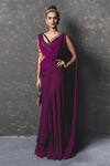 Buy_Tarun Tahiliani_Purple Chiffon Embroidery V Neck Draped Saree Gown _at_Aza_Fashions