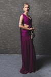 Shop_Tarun Tahiliani_Purple Chiffon Embroidery V Neck Draped Saree Gown _at_Aza_Fashions