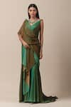 Buy_Tarun Tahiliani_Green Georgette V Neck Draped Saree Gown _at_Aza_Fashions