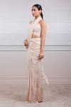 Buy_Tarun Tahiliani_White Lame Jersey Halter Pre-draped Saree Set _Online_at_Aza_Fashions