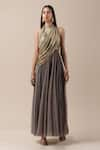 Buy_Tarun Tahiliani_Grey Jersey Halter Draped Crinkled Gown _at_Aza_Fashions