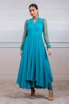 Tarun Tahiliani_Green Poly Georgette V Neck Fluted Dress _Online_at_Aza_Fashions