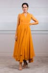 Buy_Tarun Tahiliani_Yellow Poly Georgette V Neck Fluted Dress _at_Aza_Fashions