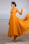 Tarun Tahiliani_Yellow Poly Georgette V Neck Fluted Dress _Online_at_Aza_Fashions